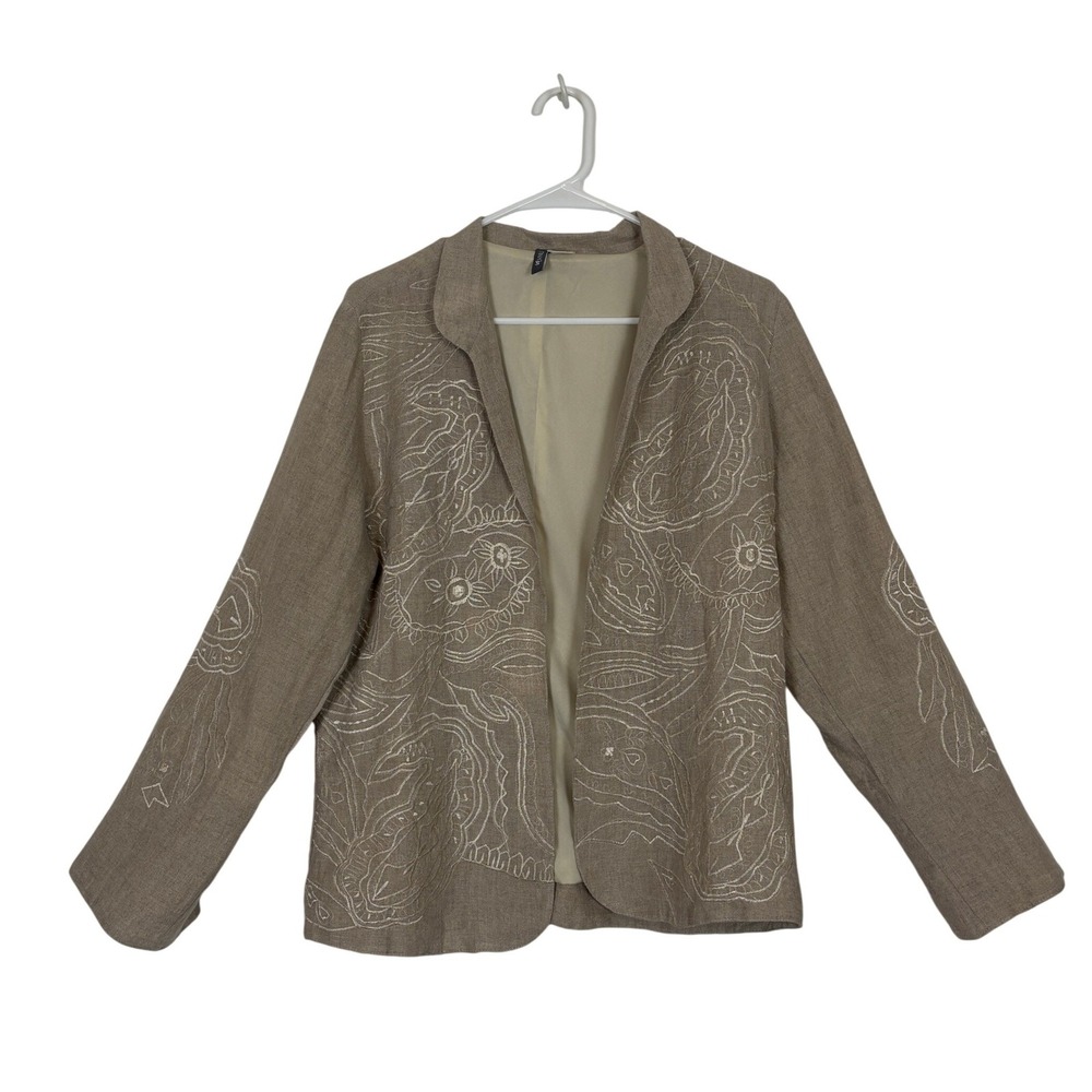 Anu Linen Jacket Tan Embroidered Open Front Boho Coastal Lagenlook Women Small